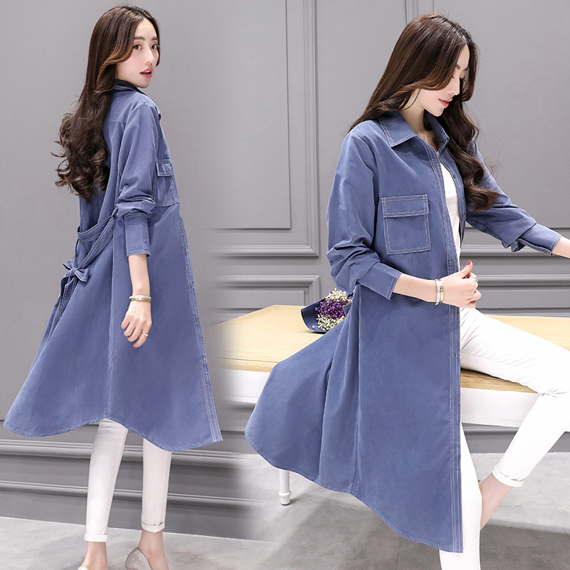 

Women Trench Coat New Style Spring And Autumn Belt Solid Mid-length lapel Early Autumn Korean-style Temperament Commute, Niu zi lan