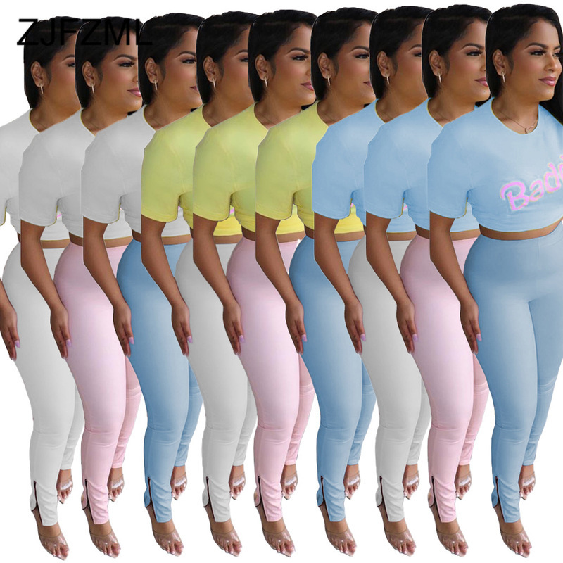 

9 Color -XL Letter Print Two Piece Outfit Women' Costume O Neck Short Sleeve And High Waist Pencil Legging Sporty Tracksuits, White blue