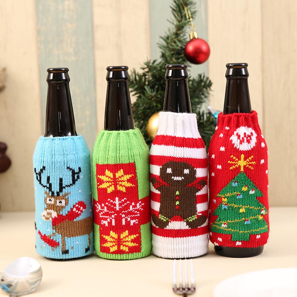 

2020 New Year Christmas Decorations Champagne 330ML Wine Bottle Knitting Cover Bag Banquet Xmas Dinner Party Decoration Supplies