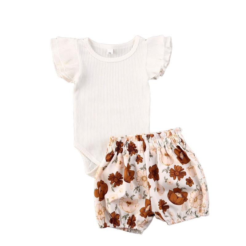 

2020 Summer Toddler Baby Girl Clothes Sleeve Knitted Romper Tops Floral Shorts Pants Boho Baby Set 2pcs Outfits Holiday, Khaki