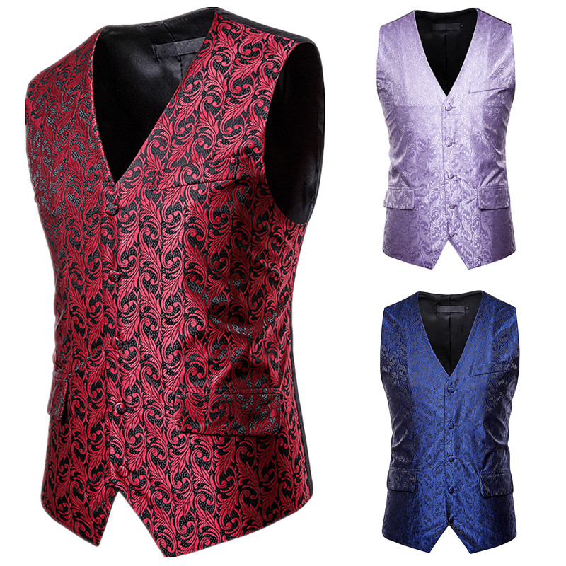 

Men Vests Wholesale Male Paisley Printed Stage Performance Costumes Groom Vests Host Clothing Waistcoats Sleeveless Outerwear Party Show, Black;white