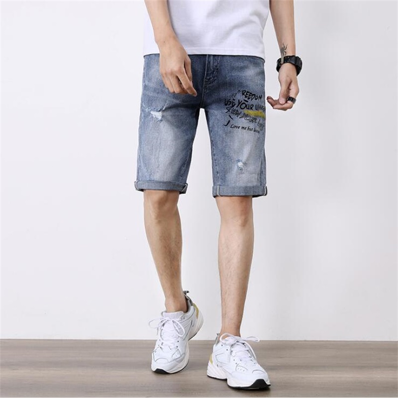 

Men Denim Shorts 2020 Summer New Style Ripped Thin Section Elastic Force Slim Fit Short Jeans Male Brand Clothing Blue #638