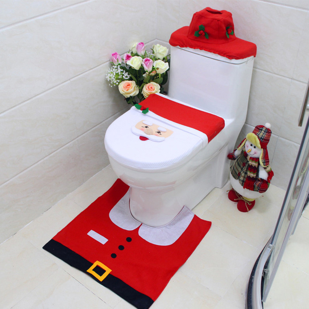 

1X Toilet Seat Cover+X Foot Pad+1X Water Tank Cover Christmas Santa Claus Snowman Deer Elf Home Bath Decoration