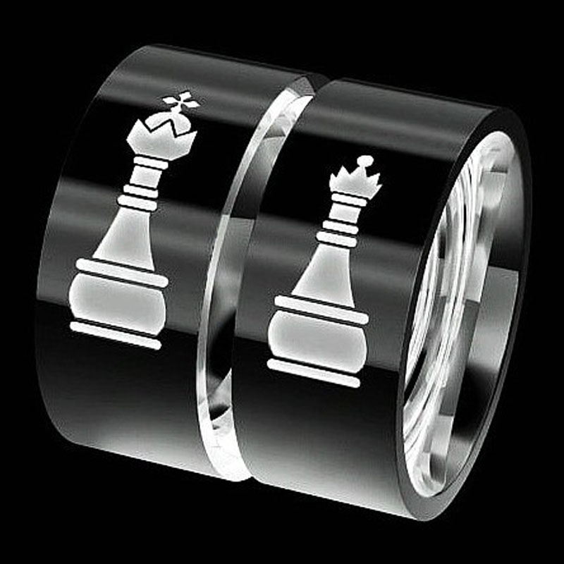 

Valentine's Day Gift Rings King Queen Logo Ring Chess King And Queen Pattern Ring Titanium Steel Rings, Silver