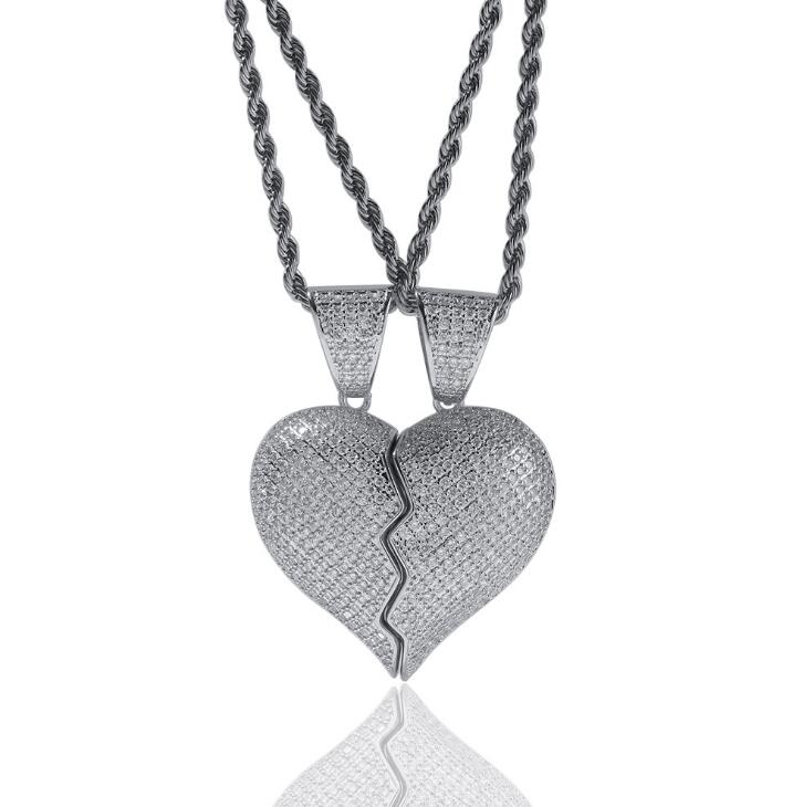 

Broken Heart Pendant Necklace Hip Hop Fully Iced Out Bling Diamond Copper zircon Plated with 18 inch Stainless Rope Chain
