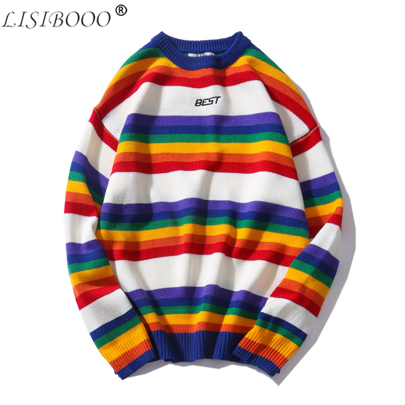 

LISIBOOO New Fashion Retro Men Sweater Round Neck Sweater Rainbow Striped Couple Men and Women Lovers Loose Tops, Black