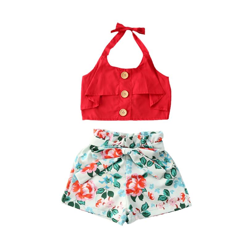 

New Summer Toddler Baby Girls Kids Clothes Ruffle Vest Crop Tops + Bowknot Shorts Set Outfits, Red