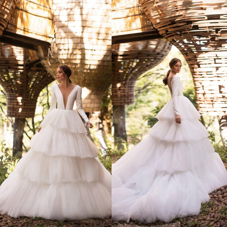

2019 Milla Nova White Satin Wedding Dresses A Line Long Sleeve Cake Boho Bridal Gowns Sweep Train V Neck Country Wedding Dress, Light sky blue