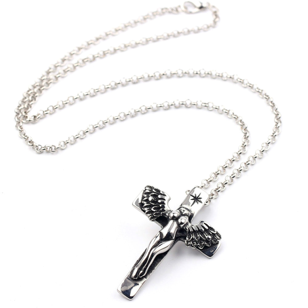 

Personalized Men's Antique Silver Cross Angel Wings Pendant Chain necklace