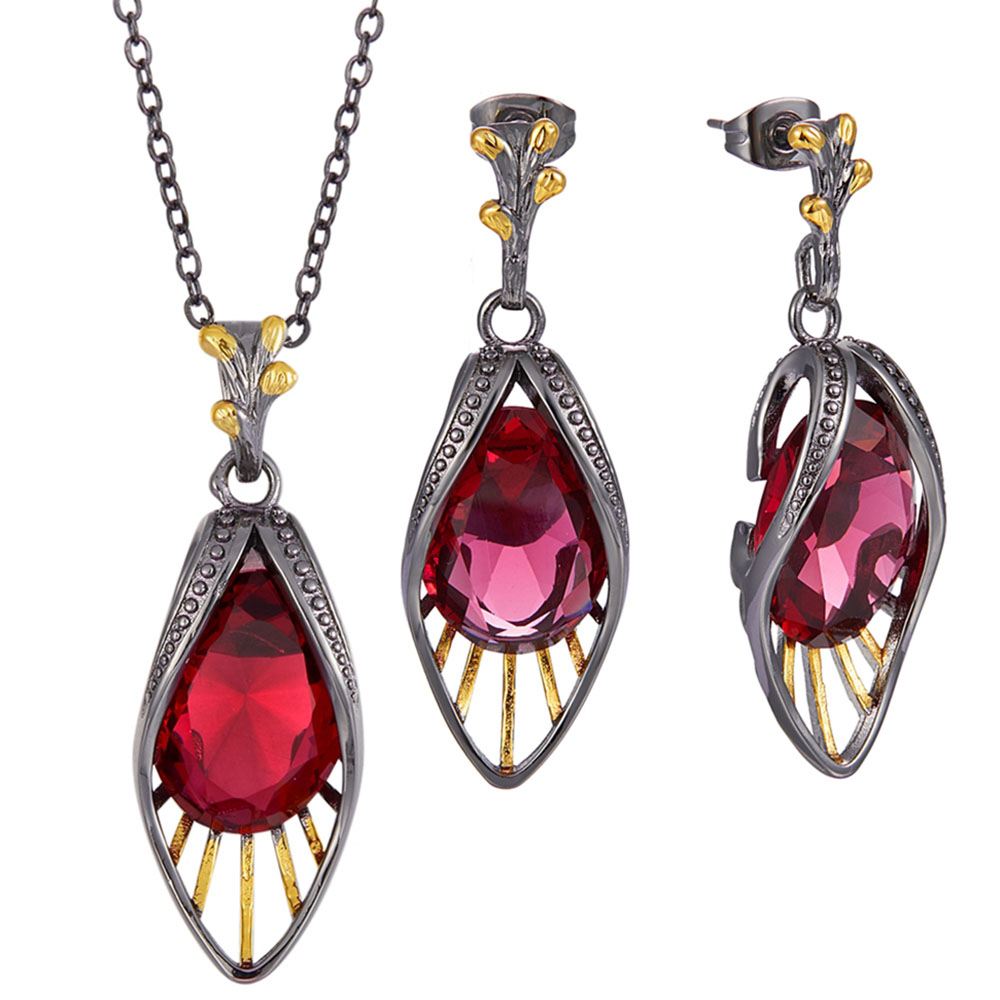 

Teardrop Necklace Earrings Sets Red stones 2pcs Sets 2 Tone Chain Pendant Jewelry for women