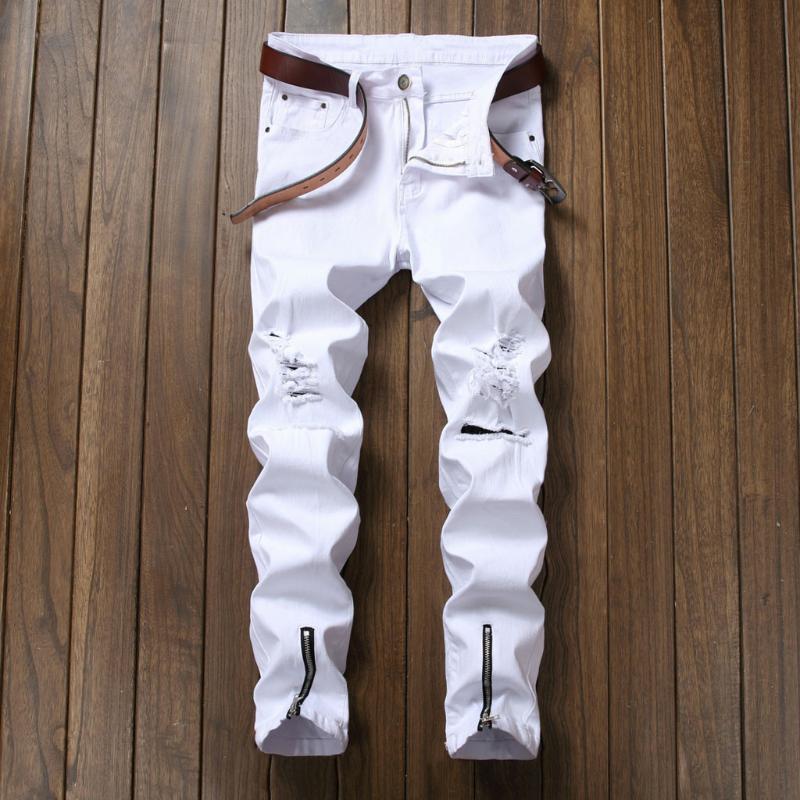 

Summer Long Pencil Pants Ripped Jeans Men's Ripped Skinny Jeans Fashion Destroyed Frayed Slim Biker Denim Pants Zipper, As pic