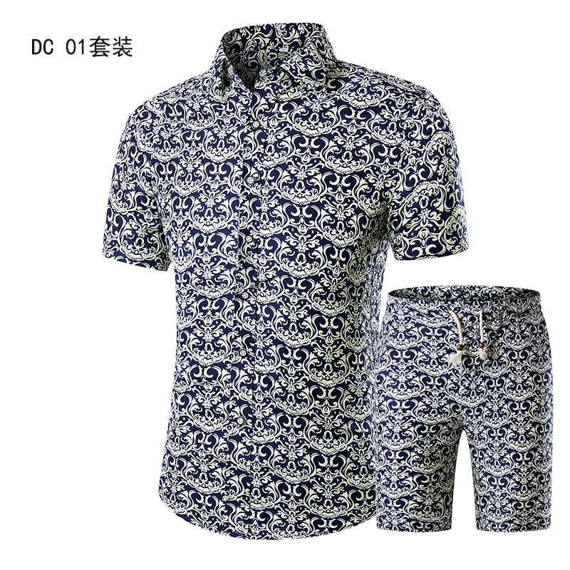 

Plus Size 2 Piece 2020 Summer New Foreign TradeFashion 3D Printed Men's Casual Short-sleeved Shirt Suit Large Size Shirt, 02