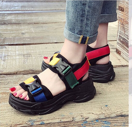 

Sports sandals female 2019 summer new Korean version of color matching muffin thick-soled students wild sandals with women's shoes tide, White