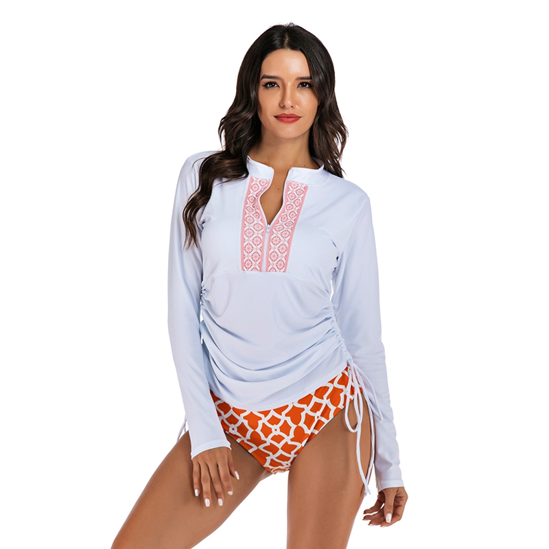 

Women Rash Guard Long Sleeve Front Zipper Drawstring Sunshade Quick Drying Two Piece Beach Surfing Diving Bathing Suit Swimsuit
