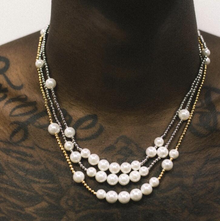 

asap rocky Ancient natural shell bead splicing metal Pearl Gold Silver Necklace men and women hip hop clavicle chain