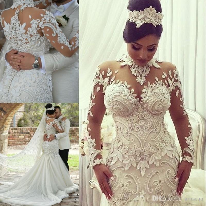 

Arabic Dubai Plus Size Wedding Dresses Mermaid Lace Applqiues Beaded Bridal Gowns Long Sleeve Wedding Dress 2019 Custom Made Robe De Mariee, Champagne