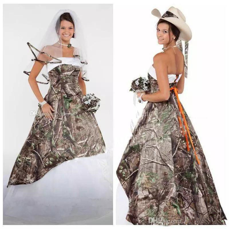 

Gorgeous Camo Wedding Dresses Satin Country Cowgirls Bridal Dress Sweep Train Plus Size Camouflage Wedding Gowns Corset Lace Up, White