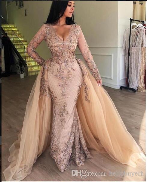 

Mermaid Champagne Wedding Dresses Sheer Lace Long Sleeves Turkey Detachable Skirt Train 2019 Sexy New V Neck Lace Applique Beads Bridal Gown, White