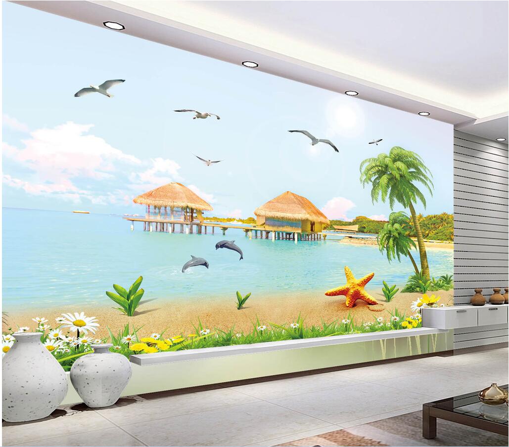 

3d wallpaper custom photo Seaside Dolphin Seagull Villa Scenery Children's room home decor 3d wall murals wallpaper for walls 3 d living ro, Non-woven