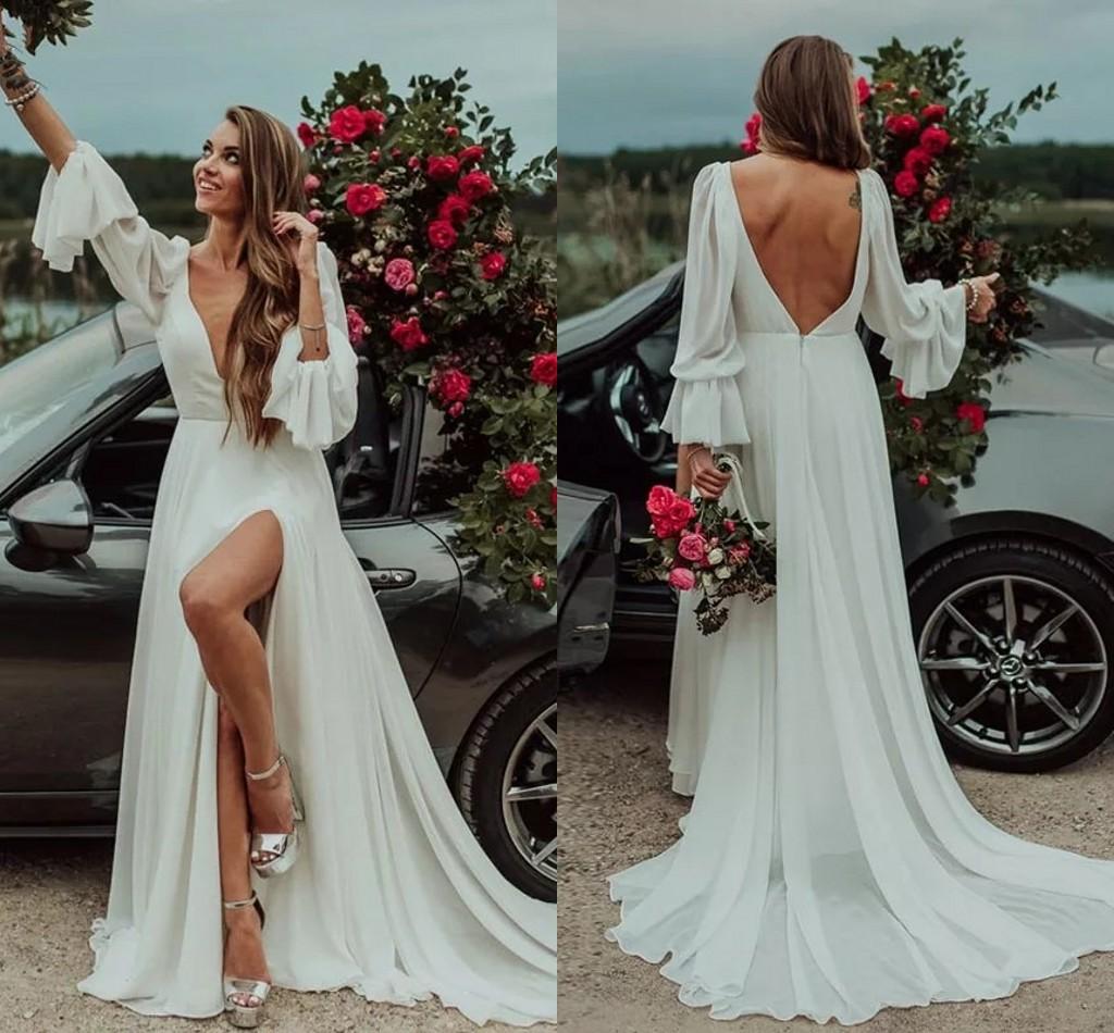 Bohème Plongeant V Cou Robe De Mariée À Manches Longues Split Une Ligne En Mousseline De Soie Robe De Mariée Plus La Taille Sur Mesure