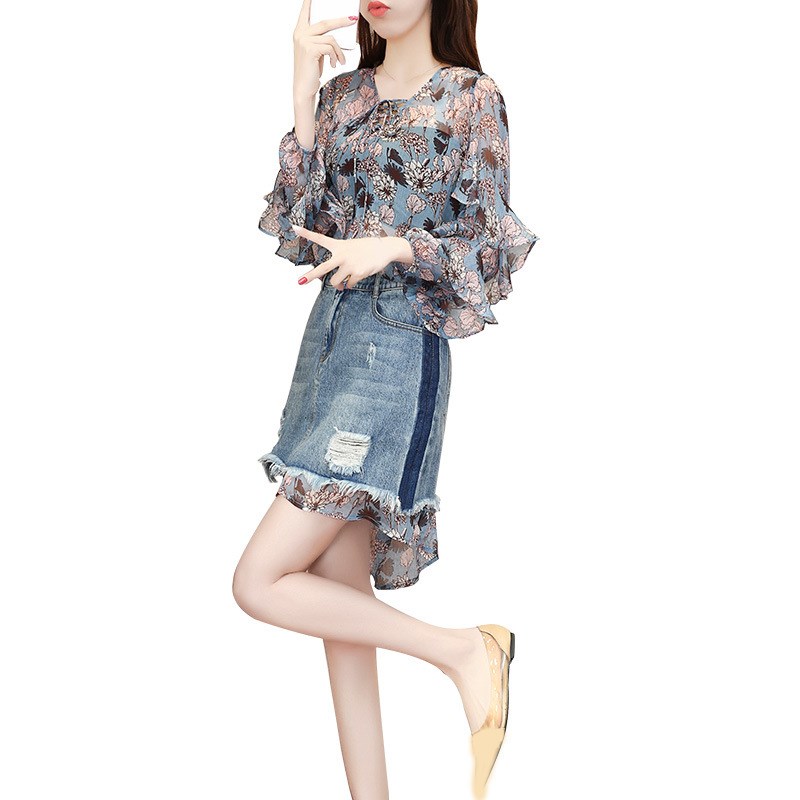 

Vintage Women Chiffon Dress Denim Skirt Set Lace Up Jeans Hole Mini Skirt Set Flower Printed Dress 2 Piece, Multi