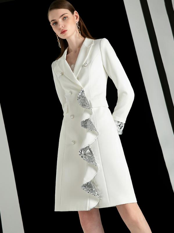 

2020 Female Elegant Fashion Design Sence Double Breasted Lotus leaf Suit Trench Jackets, White