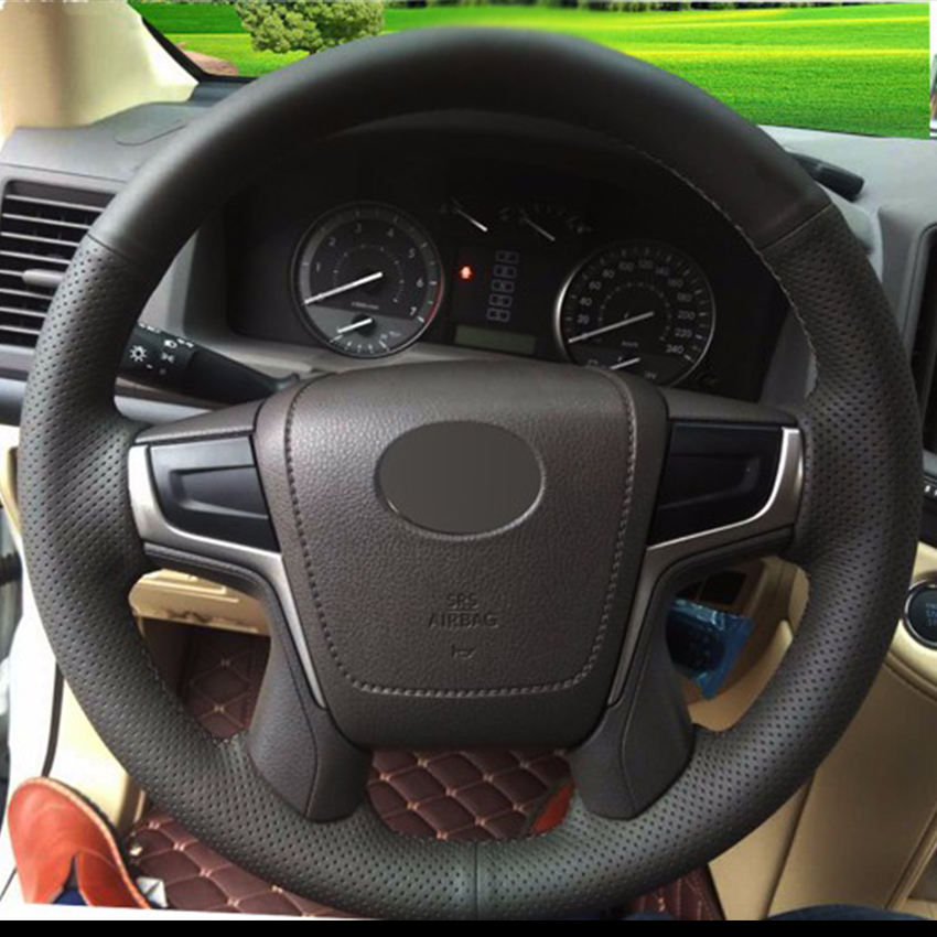 Black Natural Leather Car Steering Wheel Cover for Toyota Land Cruiser 2016-image-440794413