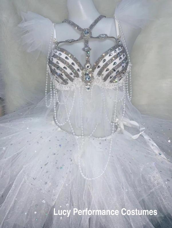 

White Gauze Rhinestones Bikini Skirt Set Women Sexy Nightclub DJ DS Costumes Bar Party Dance Group Performance Clothing show