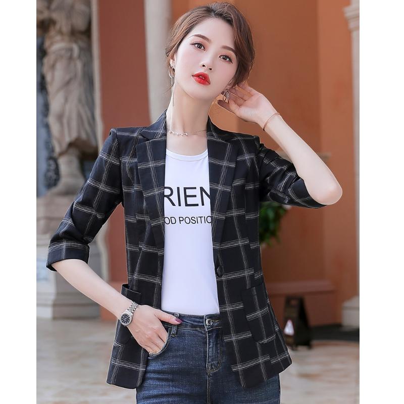 

Fashion Casual Women Blazers and Jackets Black Plaid Ladies Work Business Clothes Half Sleeve Elegant Styles