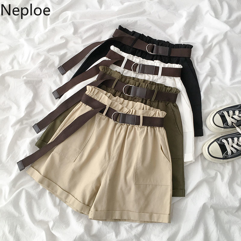 

Neploe 2020 New Korean Causal Women Shorts Belt Stretch High Waist Bottoms Fashion Solid Loose Wide Leg Shorts 59307, Black