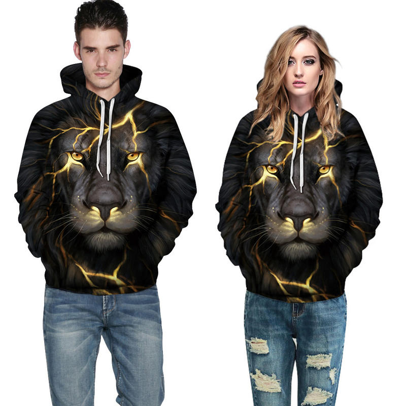 

Womens Couple Loose Lion Printed Sweatshirts Realistic Digital Print Animal 3D Hoodies Big Pockets Drastring Jumpers, Black