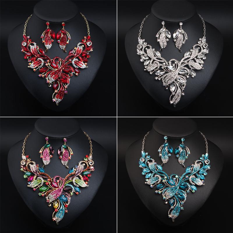 

Elegant Women Crystal Flower Necklace Earrings Set Bridal Wedding Evening Party Jewelry Statement Choker Bibs Chain Collar New, As pic