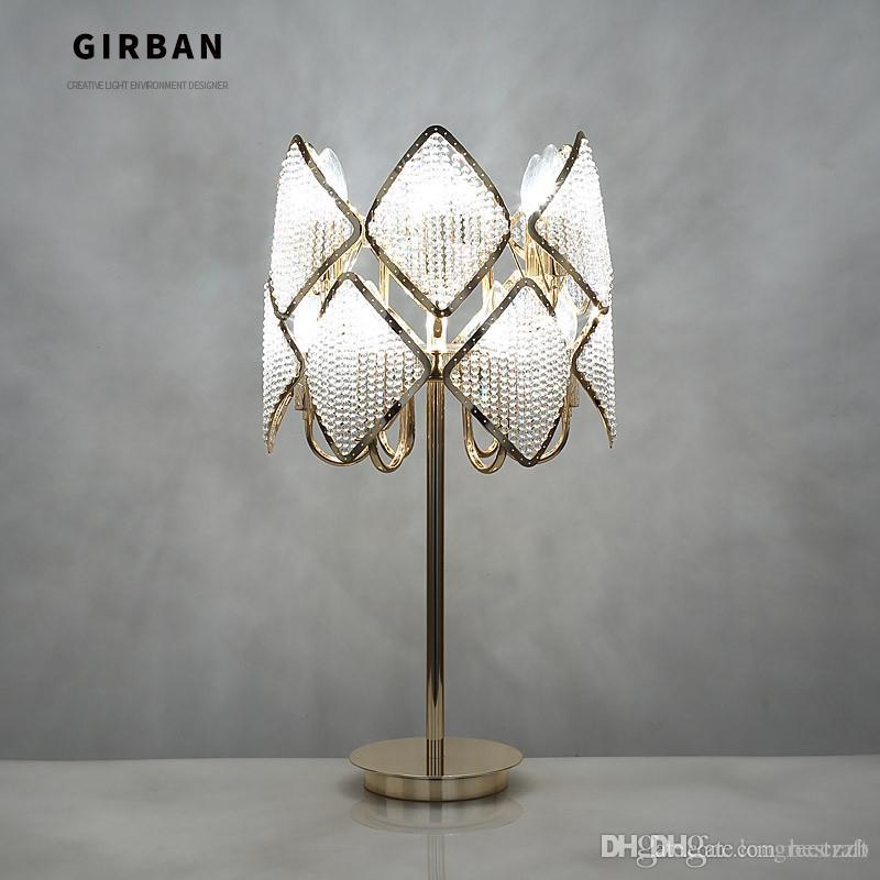 

Modern Bedroom Bedside Table Lamp Foyer Art Decoration Light Gold Color Table Lamps E14 LED Bulbs Handmade Beaded Crystal Lampshade