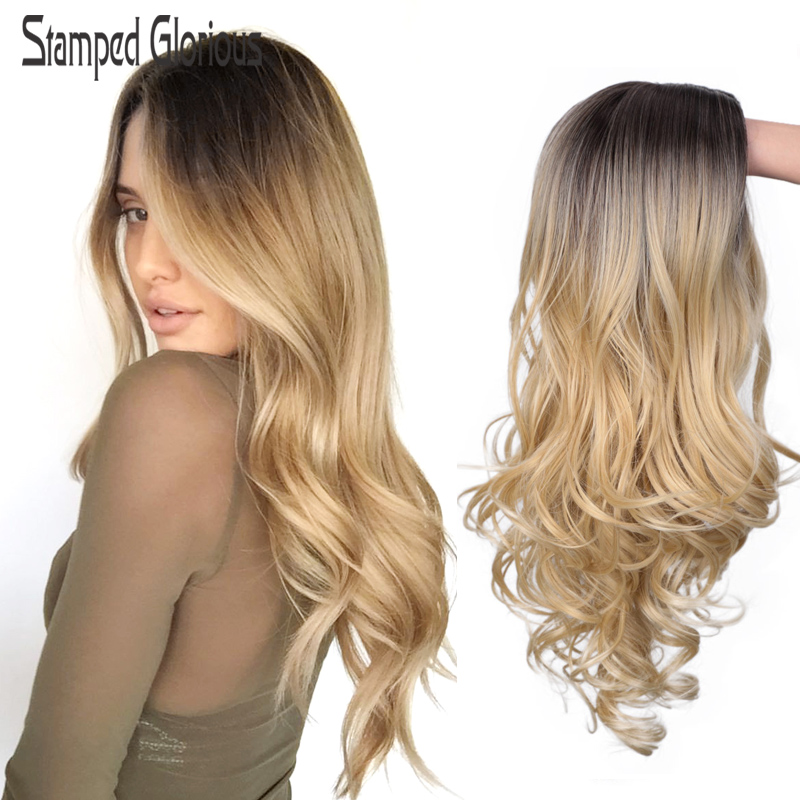 

Stamped Glorious Natural Wave Wig Ombre Black Blonde Wavy Wig Synthetic Long for Women Middle Part Heat Resistant Fiber Hair, 1b