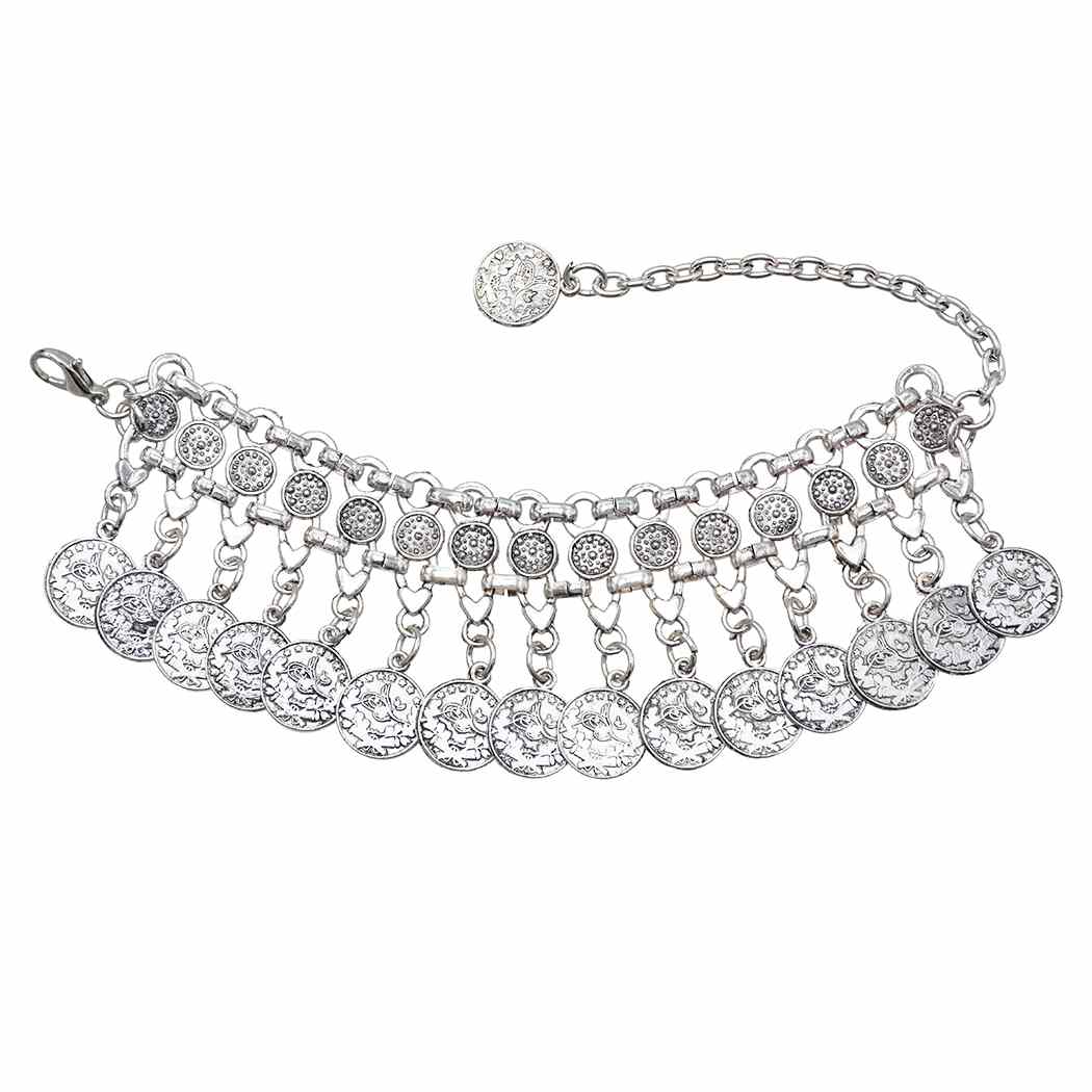 

Silver Coin Bracelet Adjustable Handmade Floral Design Gypsy Ethnic Tribe Festival Jewellery