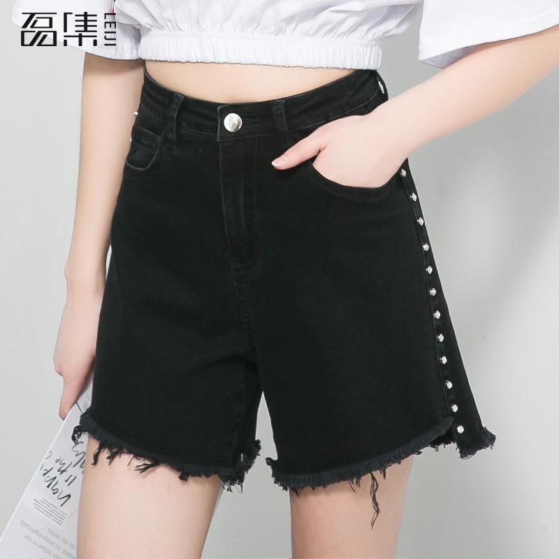 

shorts Jeans For Women Tassel High Waist Plus Size Black Nail Drill Zipper Softener Loose Harem Pants 5xl, Black yxa56