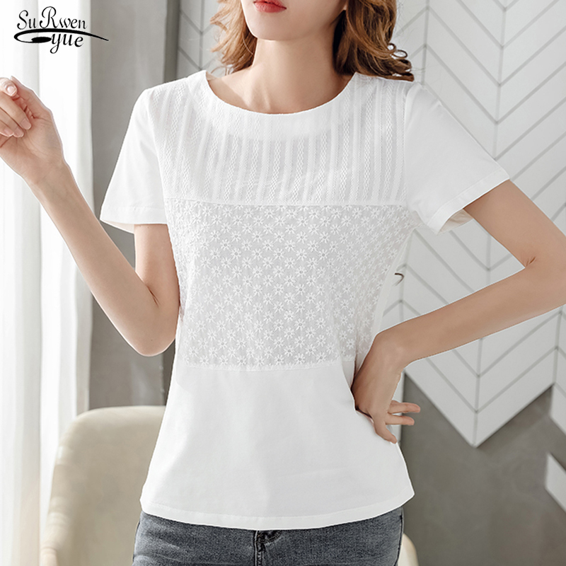 

New 2020 Women's Tops Summer Solid Ladies Short Sleeve Round Collar White Blouse Floral Lace Shirts Blusas Mujer De Moda 8586 50
