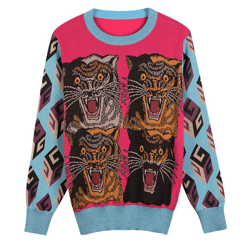 

Fashion Women Sweater Tiger Head Cube Pattern Jacquard Sweater Women Knitted Pullovers Long Sleeve Winter Cool Runway Sweater Y190822, White;black