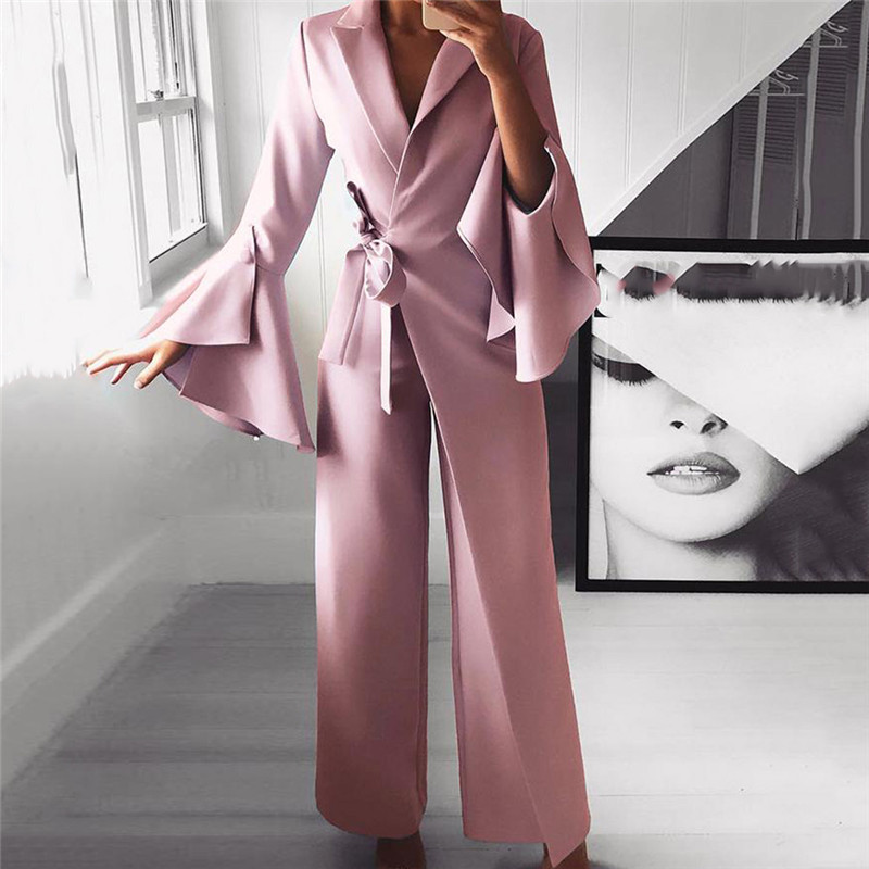 

Temperament Female Fashion Wide Leg Bodysuit Asymmetric Flare Sleeve Jumpsuit Autumn Office Clothing Wear Bandage Jumpsuit, Pink
