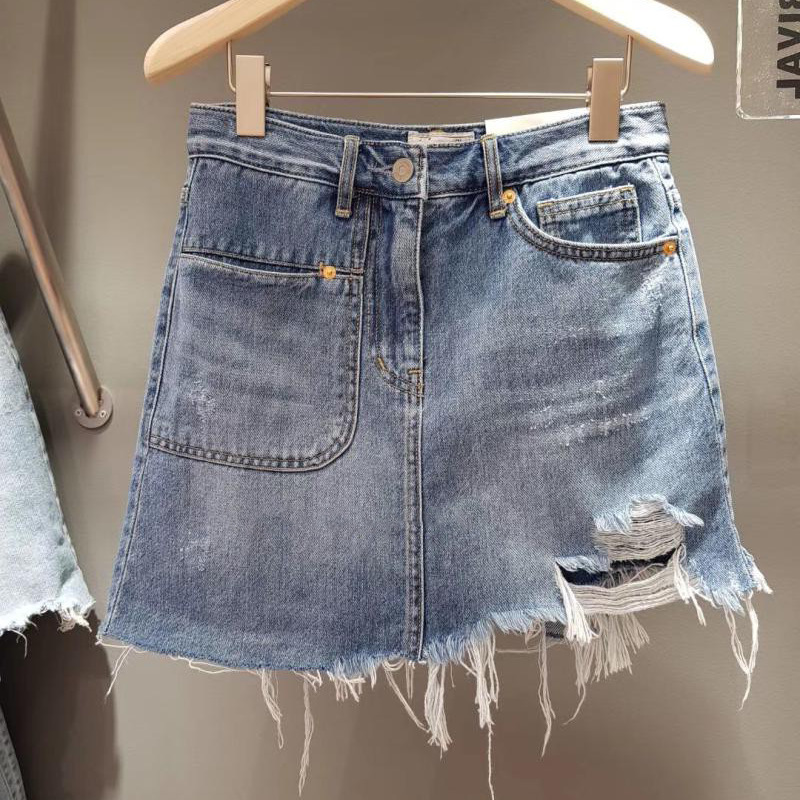 

Ningde] South Korea East Gate early spring 2020 blue all-around wear-out edge denim skirt pants women' pocket, See chart