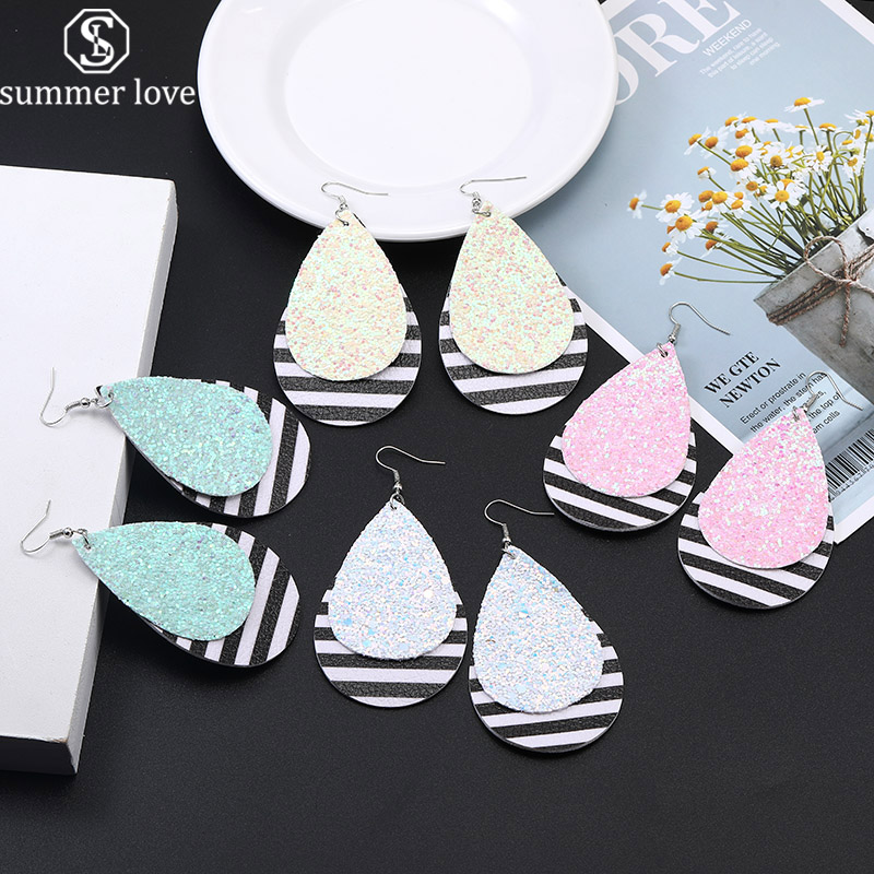 

New Fashion Pu Leather Glitter Waterdrop Dangle Earring for Women Colorful Double Layer Sequin Bling Silver Plating Hook Statement Earrings