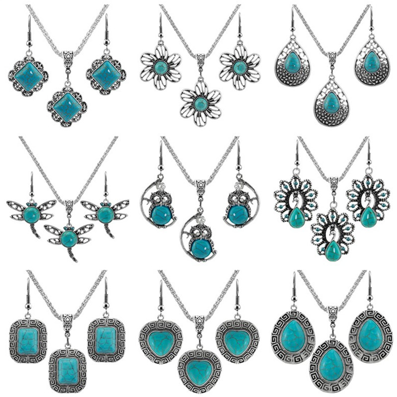 

Bohemia Jewelry Sets Heart Turquoise Pendant Earrings & Necklace Designer Silver Plate Rhinestone Flowers Elephant Owl Cross Fashion Earring Party Dress Matching, Jewelry set