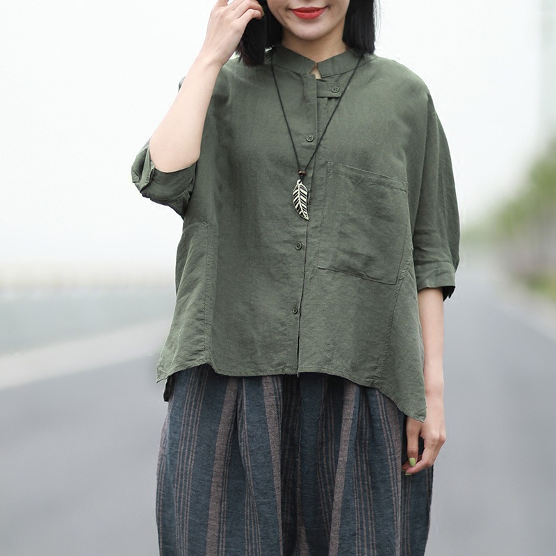 

women Linen Blouse and Tops Casual Cotton and Linen Shirts 2020 New, Green