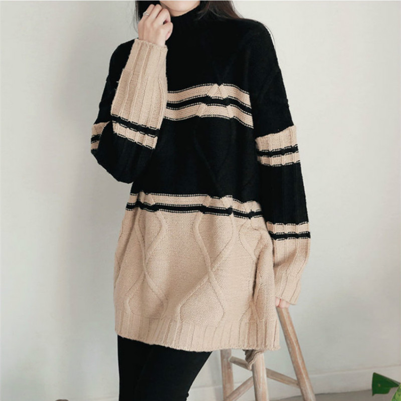 

Women Autumn Long Sweater Patchwork Pullover Turtleneck Knitted Jumper Casual Jersey Plus Size Pull Femme Swetry Damskie, Black