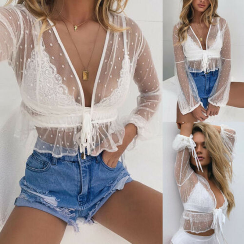 

Women Girls Polka Dots Ruffles Beach Tops Sexy See Through Bikini Cover Up Swimwear