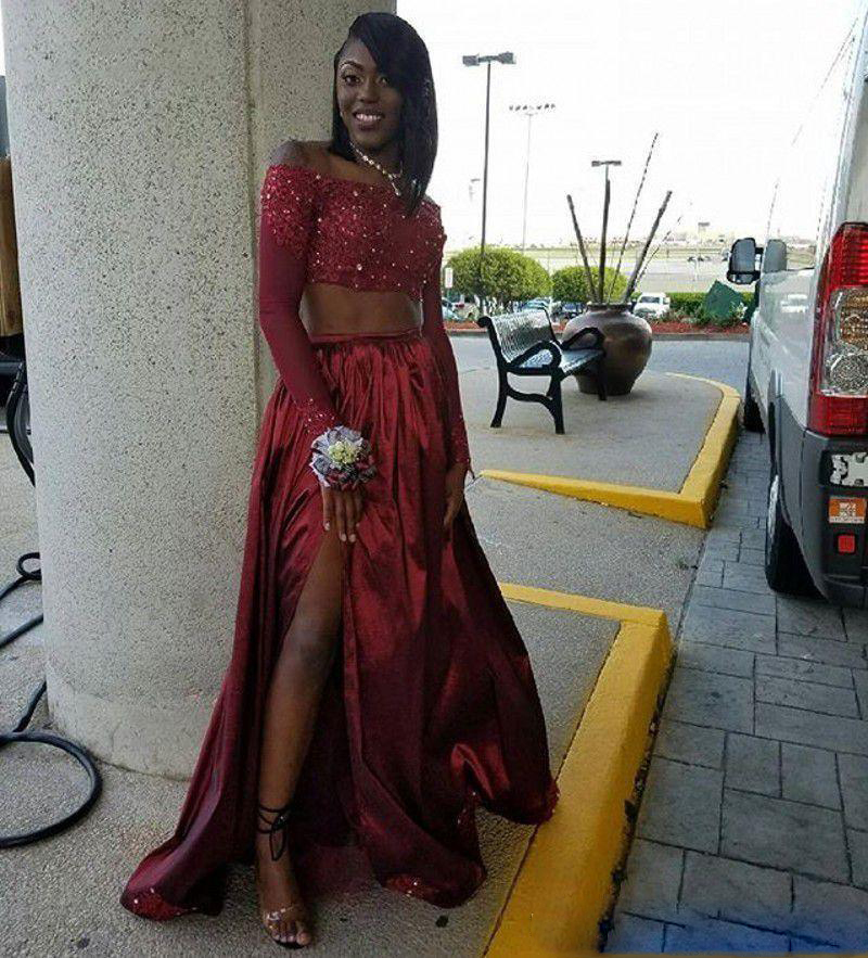 

2020 Popular Two Pieces Dark Red Prom Dresses African Black Girls Off The Shoulder Long Sleeve Appliques Beads High Split Evening Gowns, Light sky blue