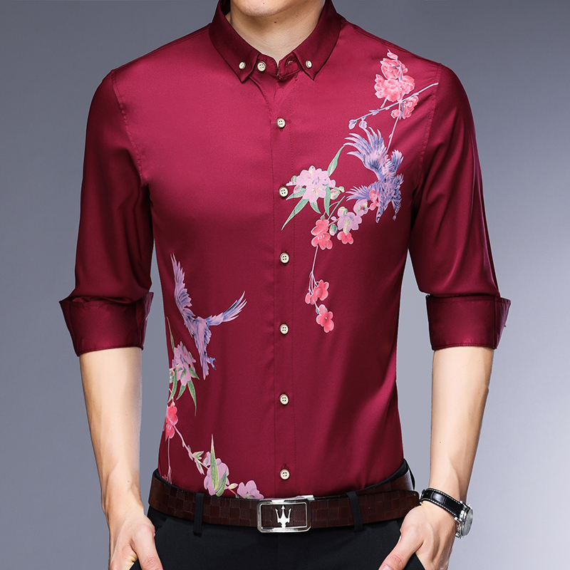 

Fashion Shirts For Men Long Sleeve Floral Print Button Lapels Collar Autumn Shirt Male Regular Fit Blue Red Casual Blouse Man, C2