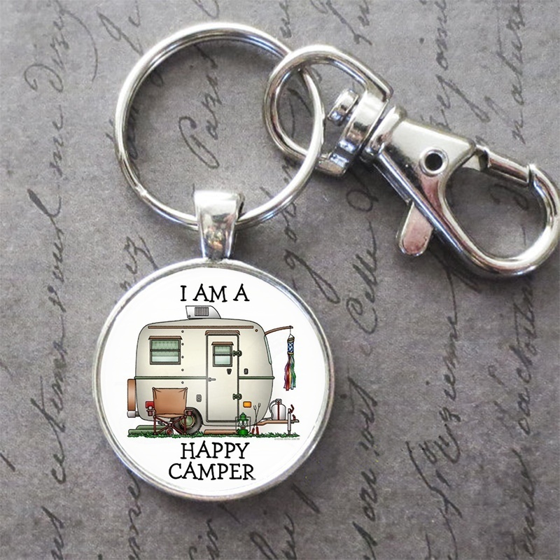 

Happy Campers Silver Key Chain Camping Photo Pendant Car Key Chain Jewelry Gifts