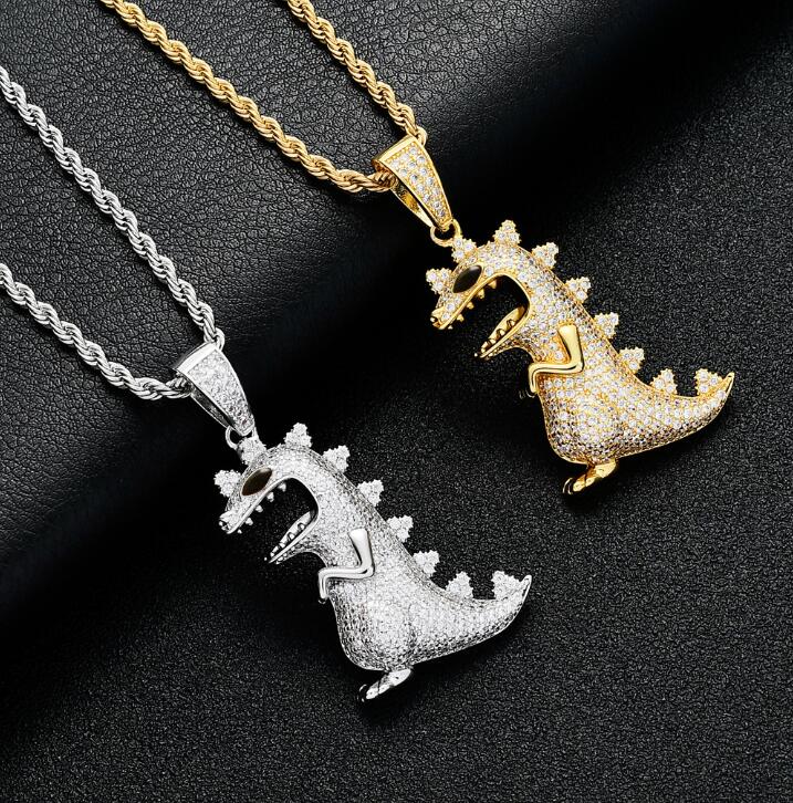 Iced Out Dinosaure Pendentif Collier Avec Chaîne De Tennis Bling Hip Hop Or Argent Couleur Hommes / Femmes Charme Chaîne Bijoux Nouveau
