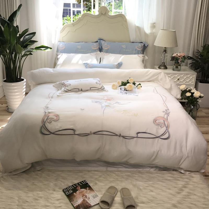 

35Luxury White/Blue Exquisite Flowers Embroidery 80S Fine Tencel Bedding Set Duvet Cover Bed Linen Bed sheet Pillowcases 4Pcs
